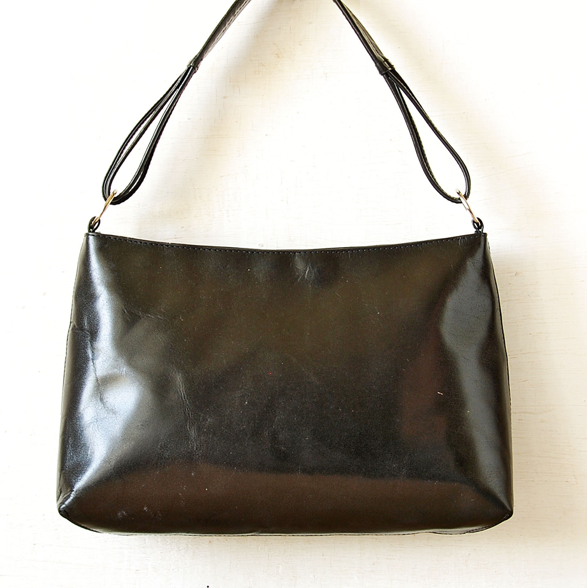 Vintage Boxca Black Leather Bag, Handle Handbag, Woman