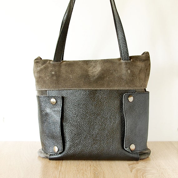 Vintage Large Shoulder Bag, Italian Black Grey Le… - image 3