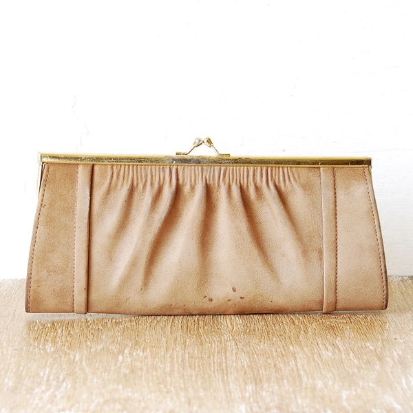 Vintage Beige Suede Leather Clutch, 80s Metal Frame Purse, Checkbook Holder