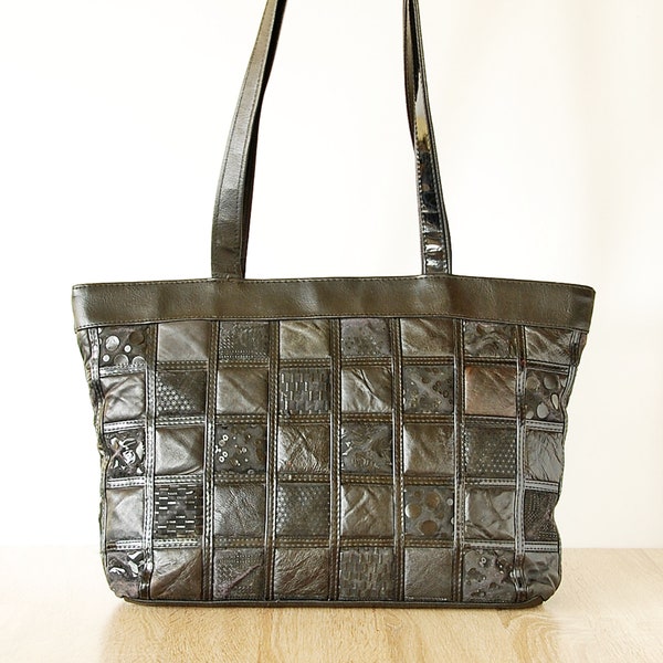 Vintage Leather Patchwork Handbag, Echtes Leder Bag, Black Leather Shoulder Purse