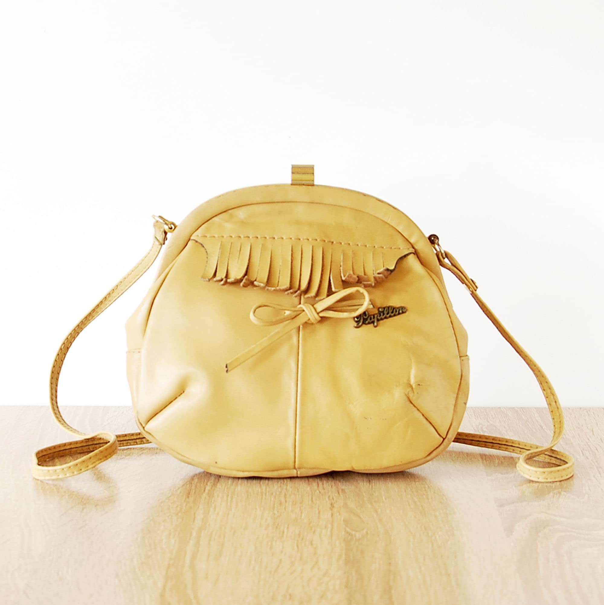 Vintage Mustard Leather Bag Papillon Paris Handbag Metal 