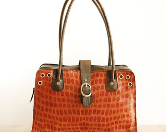 Sac vintage en cuir orange repoussé, sac pour femme à grandes anses