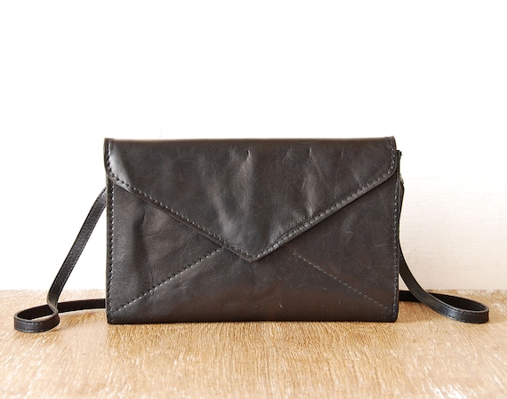 black leather handbag  vintage black envelope purse  black shoulder bag