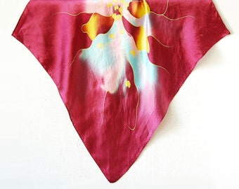 Bandana en soie pour femmes peint à la main, foulard magenta à fleurs