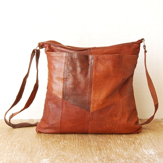 Vintage Patchwork Leather Bag, Brown Leather Shoul