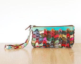 Kleine bunte Leder Handgelenk Tasche, Patchwork Octupus Geldbörse, Armband Mädchen Tasche