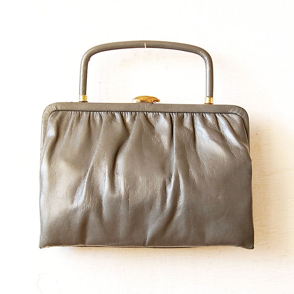 Vintage Small Women Bag, Mardone USA Grey Leather Bag, Metal Frame Purse