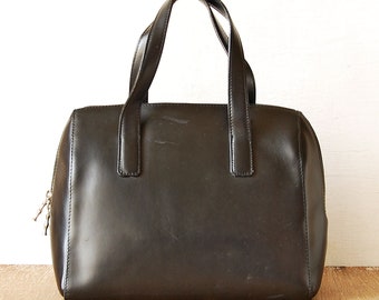 Große Vintage Schwarze Leder Tasche, Top Griffe Frauen Handtasche, 90er Jahre Leder Geldbörse