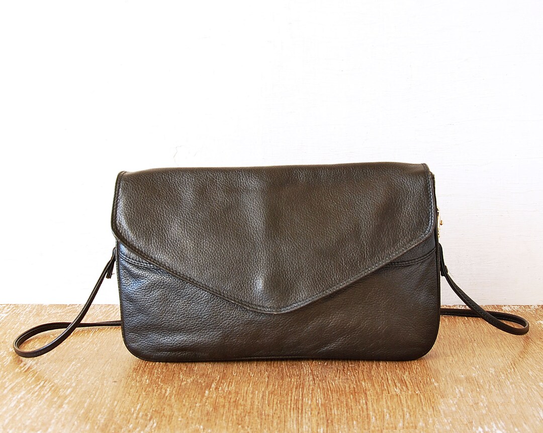 Vintage Black Leather Envelope Bag Retro Genuine Leather Etsy