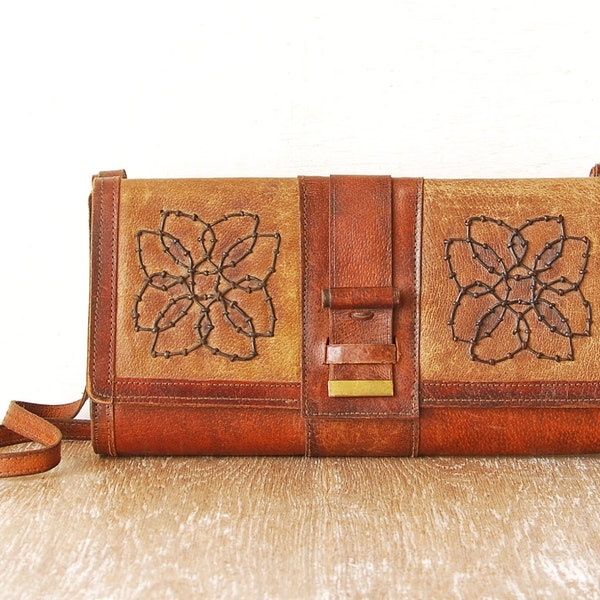 Old Leather Purse Handbag, Woman Brown Vintage Bag, Leather Vintage Shoulder Boho Bag, Retro Woman Purse