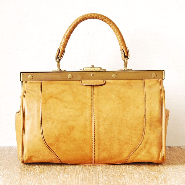 Vintage Leather Bag with Metal Frame, Yellow Woman Handbag, Metal Frame Leather Bag, Leather Purse