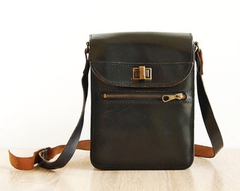 Vintage Black Leather Shoulder Handbag, Office Men Bag