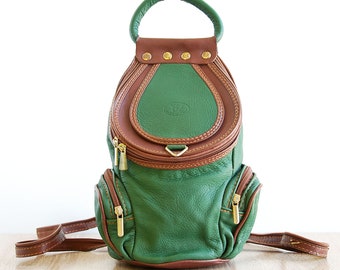 Small Green Leather Backpack , Vintage Women Shoulder Bag