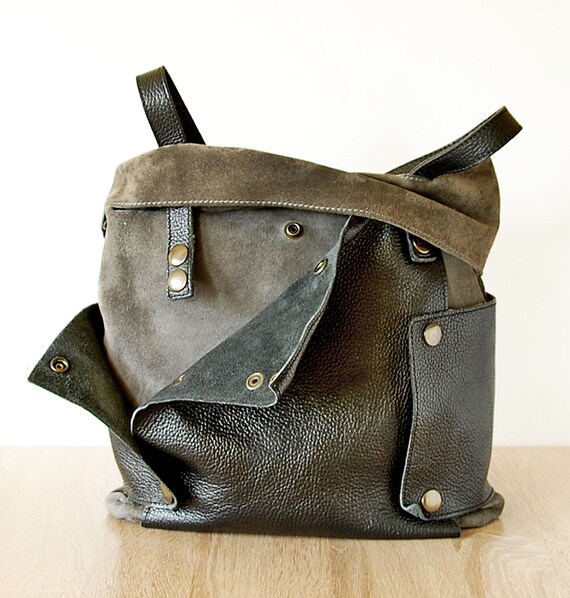 Vintage Large Shoulder Bag, Italian Black Grey Le… - image 6