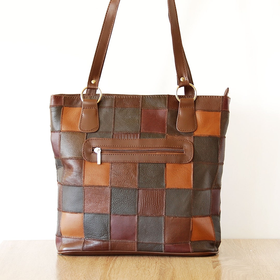 Vintage Patchwork Leather Top Handles Bag Large Leather Bag Etsy