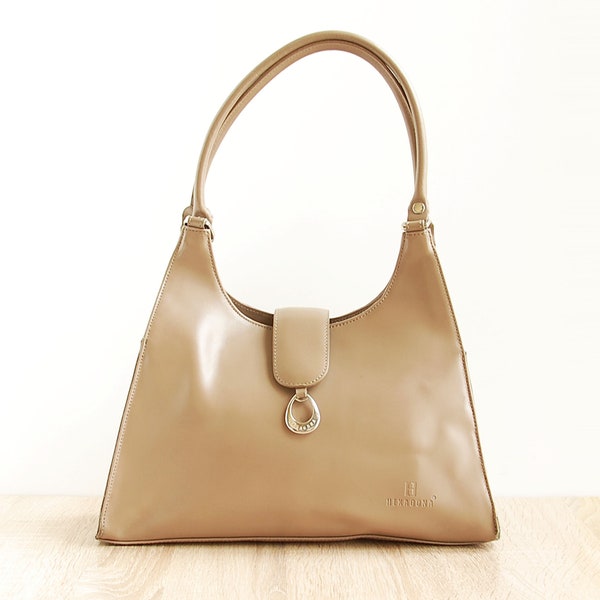 Vintage Beige Leather Women Bag, Hexagona Purse Handles