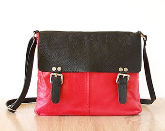 Vintage Red Black Leather Handbag, Italian Shoulder Portfolio Satchel