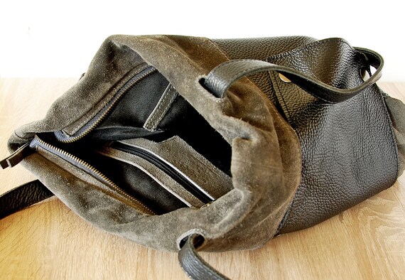 Vintage Large Shoulder Bag, Italian Black Grey Le… - image 7