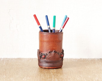 Vintage Leather Pen Stand, Stationary  Pencil Holder, Leather Ceramic Vintage Desk Organizer