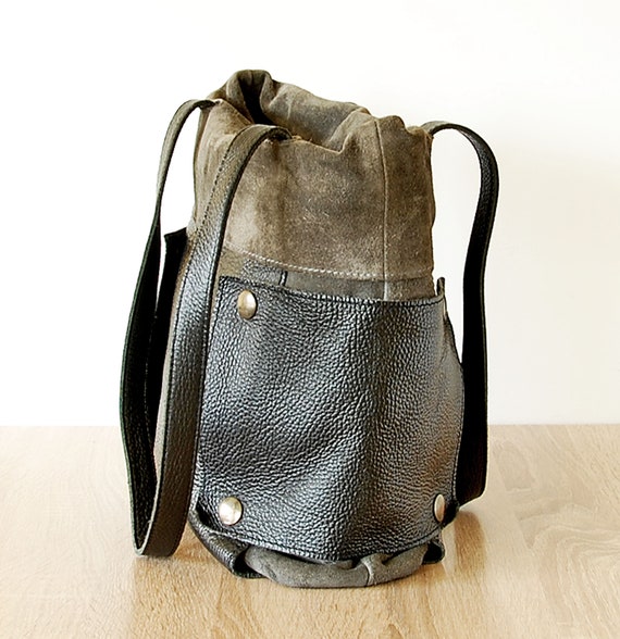 Vintage Large Shoulder Bag, Italian Black Grey Le… - image 2
