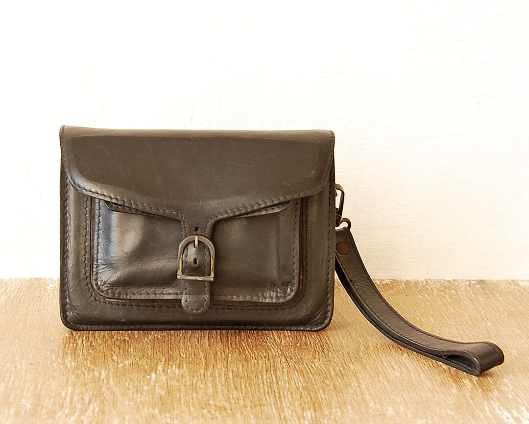 Vintage Leather Man Bag Dark Blue Leather Wrist Handbag Etsy