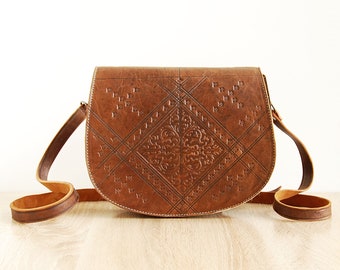 Vintage Tooled Brown Leather Handbag, Women's Shoulder Bag