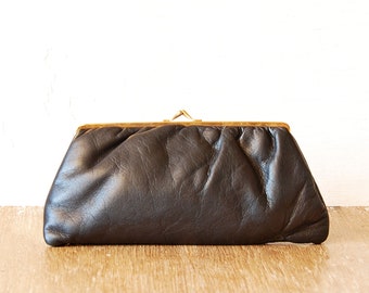 Vintage Women Clutch Purse, 70s Black Leather Women Wallet Bag