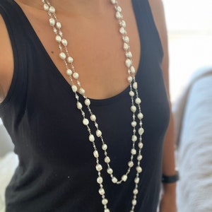 Jackson's Freshwater Pearl and clear cubic zirconia CZ long necklace wire wrapped