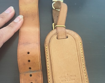 Louis Vuitton vachetta leather luggage ID tag name tag and loop buckle poignet #10385