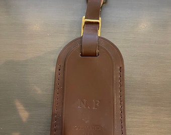 Louis Vuitton Dark Brown leather luggage ID tag name tag #10853