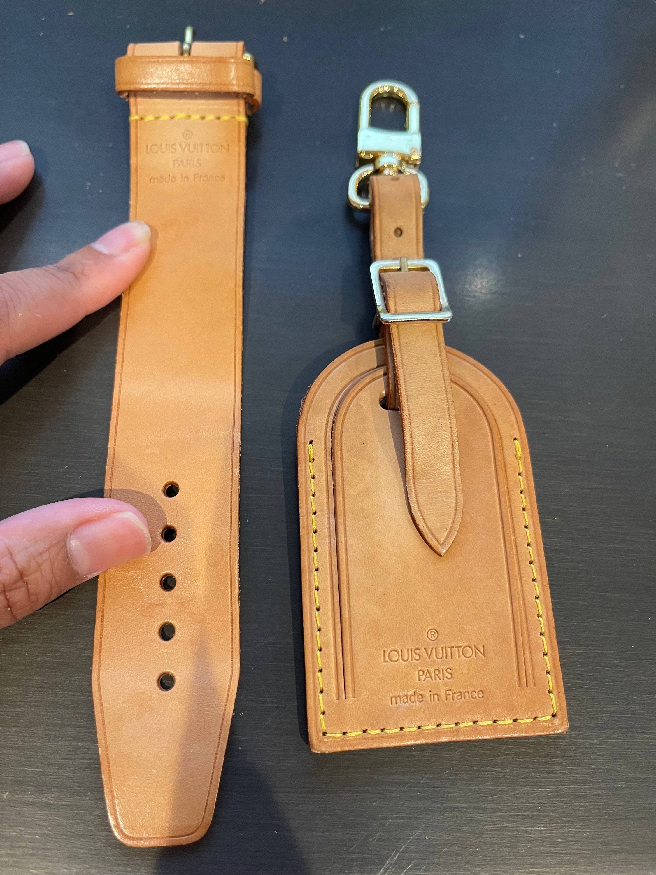 LOUIS VUITTON Luggage Tag and Handle Strap Set Genuine LV Leather Vachetta  Set