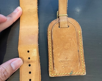 Louis Vuitton vachetta leather luggage ID tag name tag and loop buckle poignet #10351