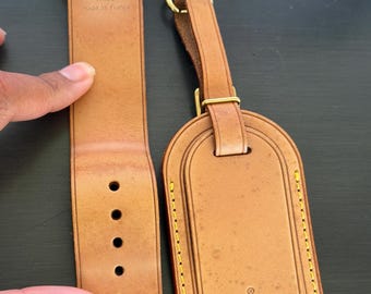 Louis Vuitton vachetta leather luggage ID tag name tag and loop buckle poignet #12339