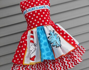 Free Shipping Ready to Ship Custom Boutique Seuss Cat in Hat Dress Girl Size 5 or 6 Thing