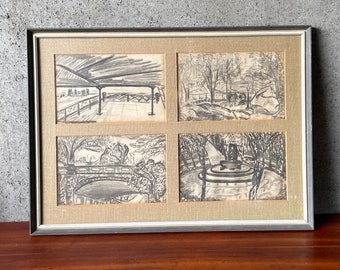 Vintage 1950s NYC 4panel Original CHARCOAL drawings - Central Park