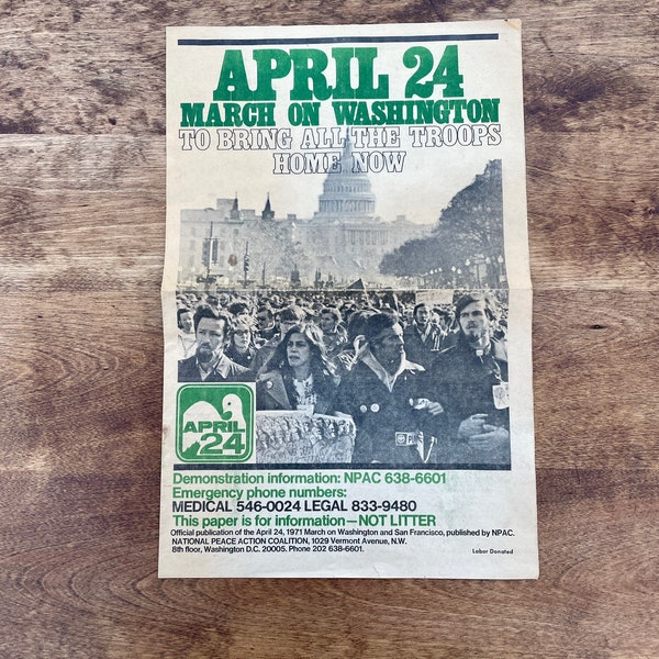 Vintage 1971 "MARCH ON WASHINGTON" April 24 Official publication 1st edition 4pg newsprint bifolium w/ map of Vietnam anti war protest 1970s