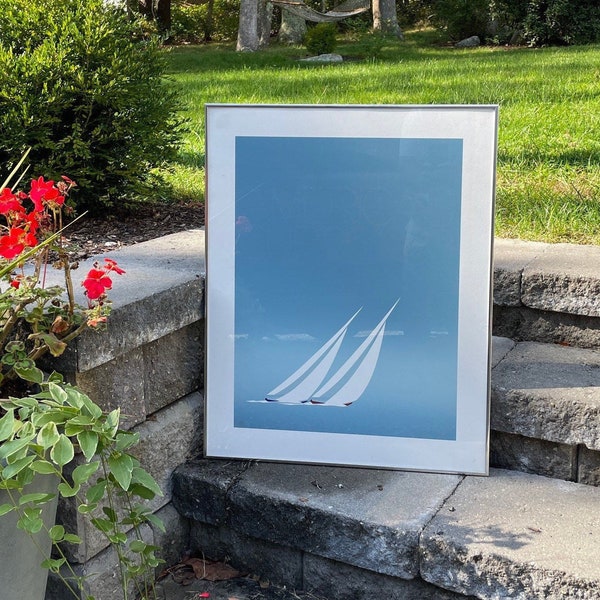 Vintage signed 1983 AMERICAS CUP DUEL 24x18 serigraph Framed + signed/ artist Keith Reynolds 1980s contemporary Nautical art  Mystic Seaport