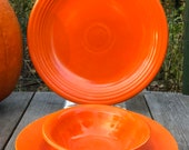 3 vintage 1950s Fiesta Harlequin Radioactive Red serving pieces -13.25 chop plate 12.25 oval platter 9 oval bowl - retro mid century