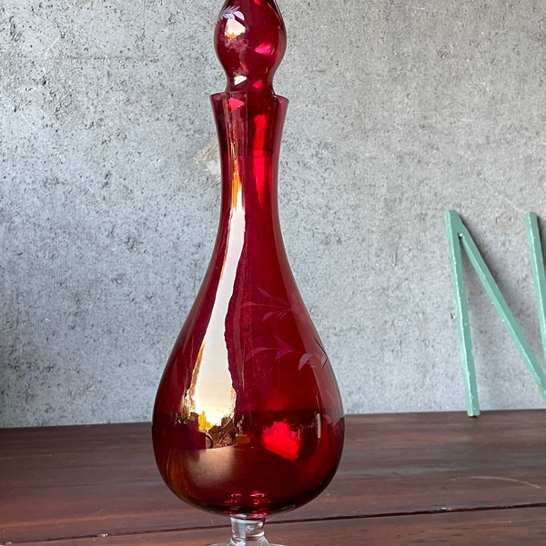 Vintage Mid Century Ruby Red cut to clear footed decanter 16.75"H // Mid century Cold glass - Hand etched detail - Bohemian CZECH art glass