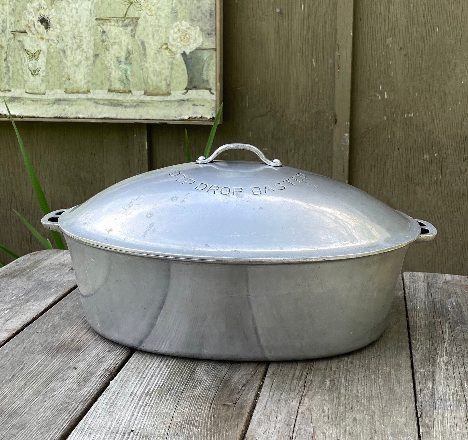 Vintage Cast Aluminum Heavy Oval Roaster Dutch Oven with Dome Lid