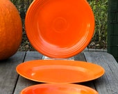 3 vintage 1950s Fiesta Harlequin Radioactive Red serving pieces -13.25 chop plate 12.25 oval platter 9 oval bowl - retro mid century
