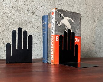 1980s postmodern vintage enameled sheet steel ‘Hand’ bookends - mid century modern - retro - modern art + objects