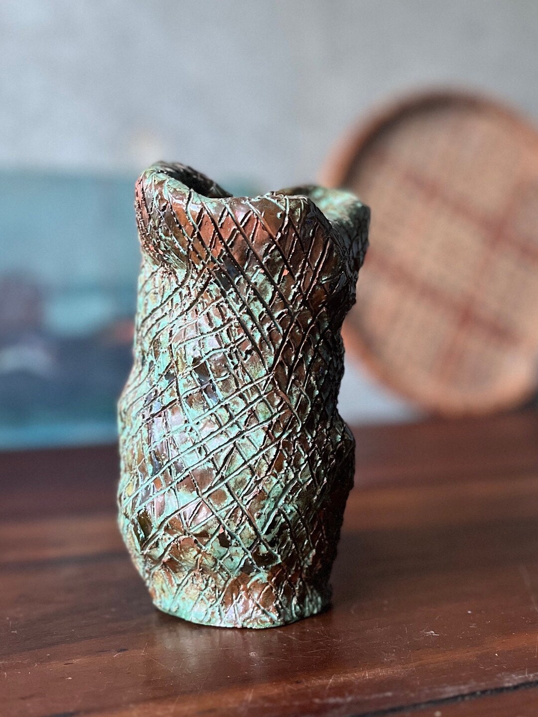Vintage Mid Century Studio Art Pottery Vessel Vase // Incised Abstract ...