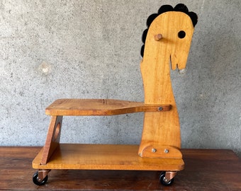 Vintage 1950s solid Maple childs ride-on horse w/ caster wheels — Mid Century Rolling toy // retro kids room / nursery decor