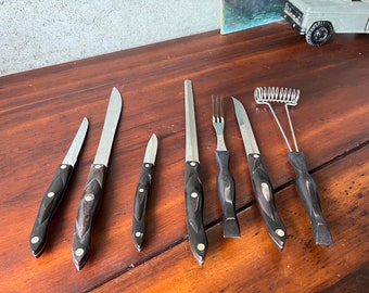 7pc CUTCO knife Lot -- Very Nice! estate find - "jf" series // Black w/ 1 orange swirl -- Pairing knife / Serrated / Bread Knife / whisk etc