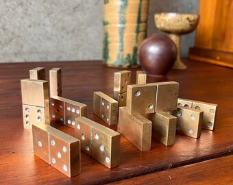 14x Vintage solid BRASS Dominoes - Heavy 1 5/8"L - nice patina - pristine cond - mid century object / Aubock era