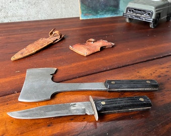 UTICA "Sportsman" vintage Hunting / Camping Knife + Hatchet set w/ orig leather sheaths -- Vintage Boy Scouts // Estate - Attic find