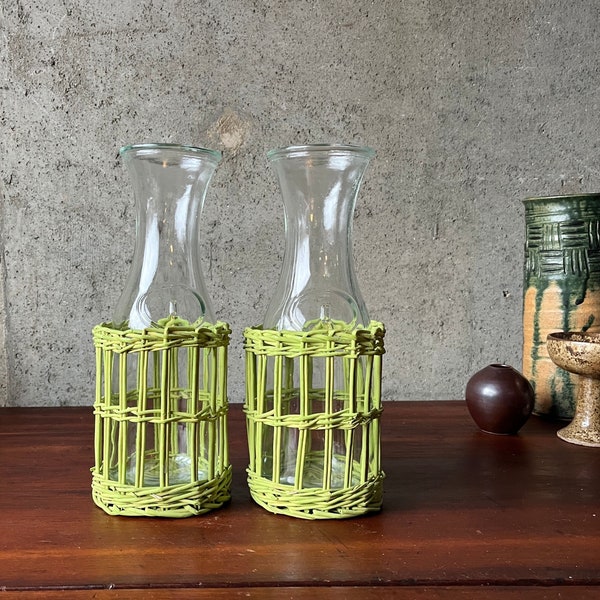 PAIR vintage 1980s Lime green woven RATTAN wine bottle holders w/ 1 liter clear glass carafes / Estate find! Scandi Boho decor - Super clean