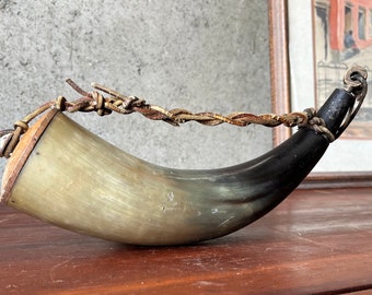 Antique 10.25"L powder horn - Attic Find - Leather tassel // A unique Primitive / Rustic object -- No cracks - as found