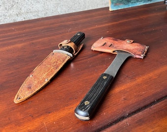 UTICA "Sportsman" vintage Hunting / Camping Knife + Hatchet set w/ orig leather sheaths -- Vintage Boy Scouts // Estate - Attic find